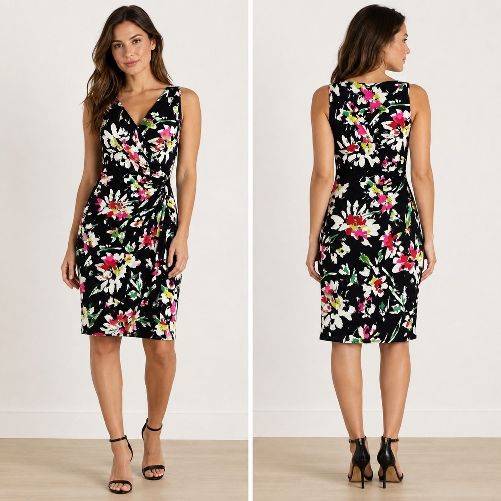 Vintage Y2K Lauren Ralph Lauren Floral Ruched V-Neck Sheath Dress Size 6